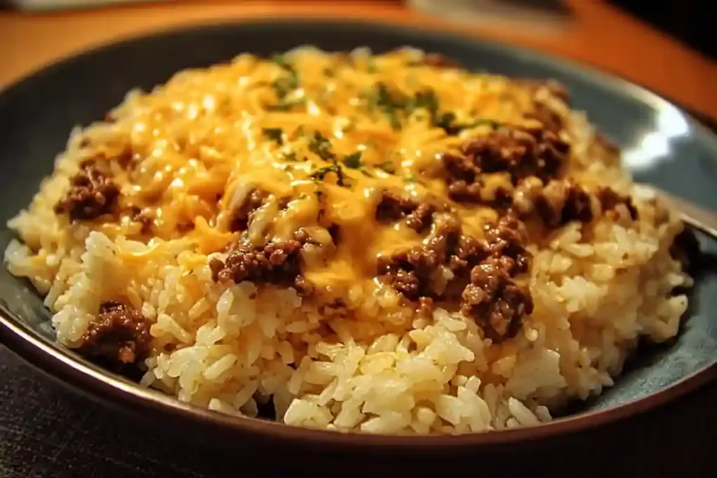 Savory Garlic Butter Beef and Rice Skillet with Cheddar Parmesan Sauce