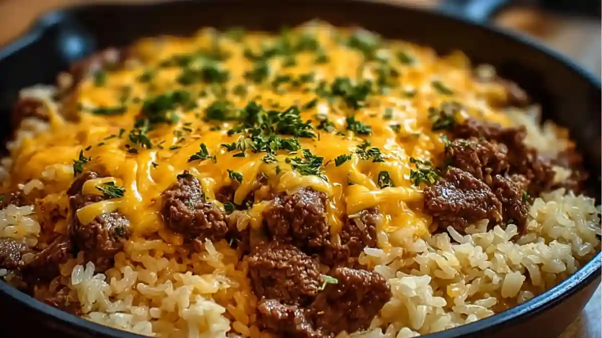 Savory Garlic Butter Beef and Rice Skillet with Cheddar Parmesan Sauce