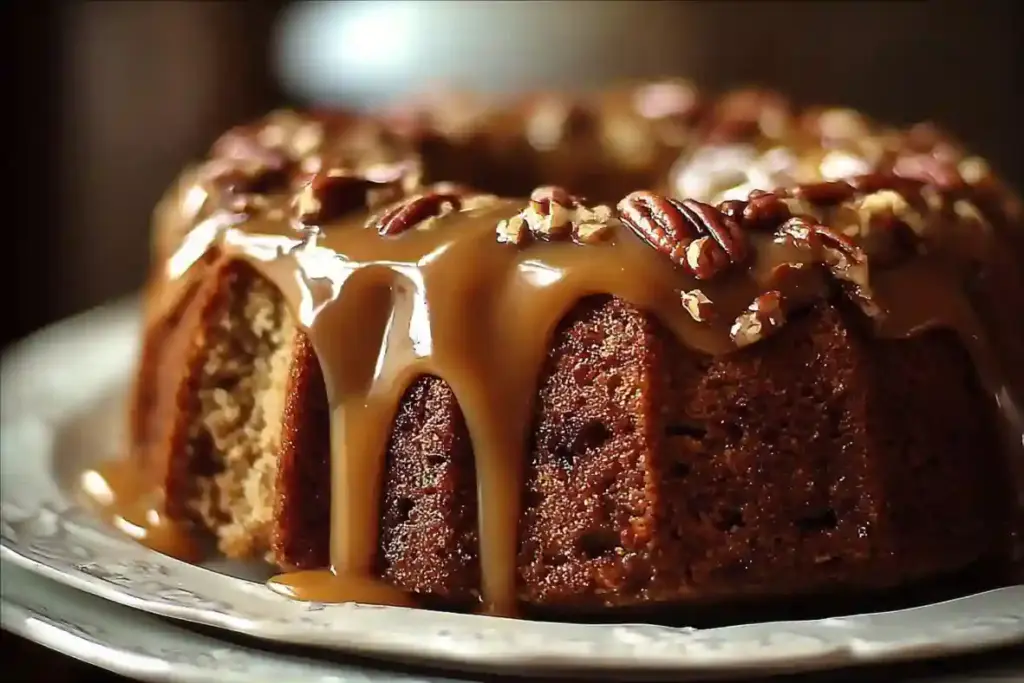 Apple Pecan Cake with Caramel Glaze