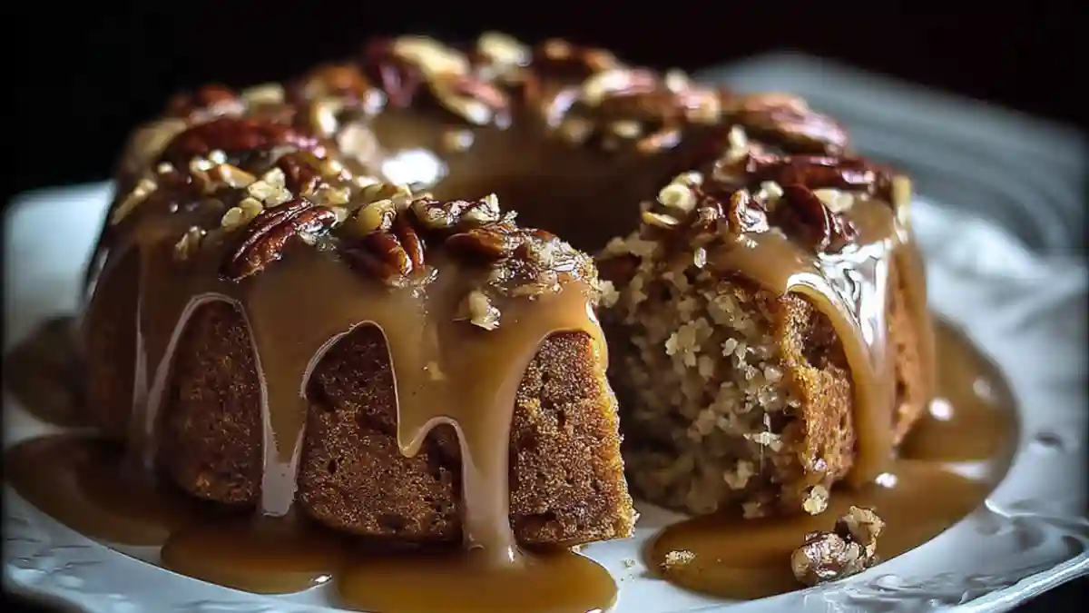 Apple Pecan Cake with Caramel Glaze