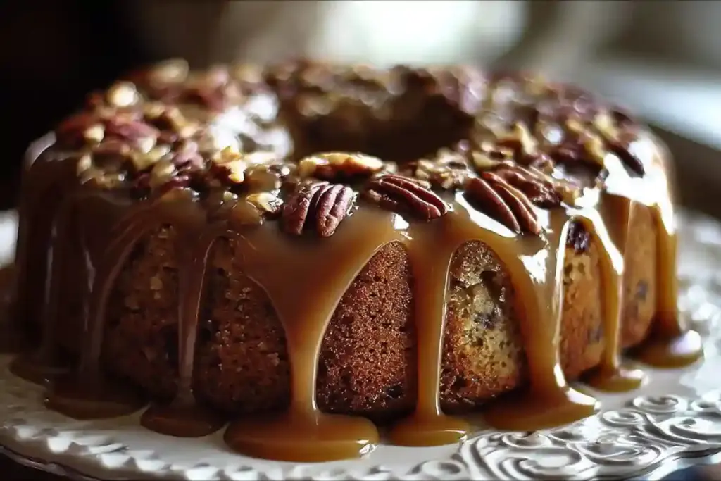 Apple Pecan Cake with Caramel Glaze