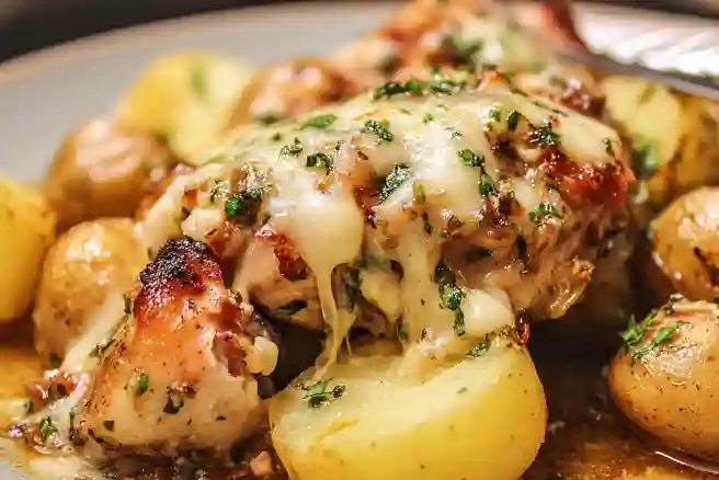Cheesy Skillet Garlic Parmesan Chicken & Potatoes