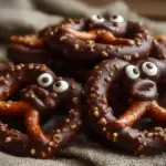 Creepy chocolate pretzels decorated for Halloween