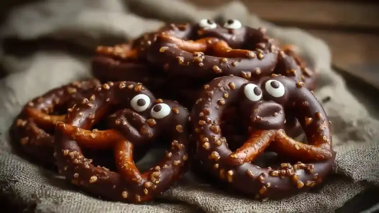 Creepy chocolate pretzels decorated for Halloween