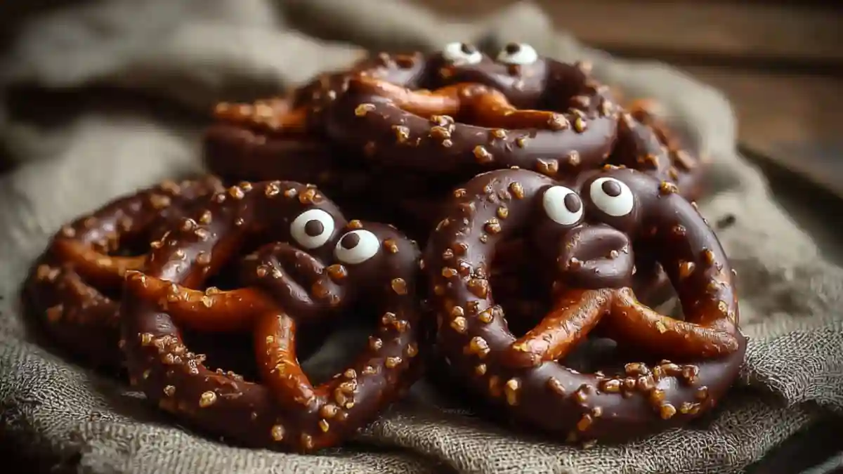 Creepy chocolate pretzels decorated for Halloween