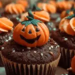 Creepy pumpkin patch cupcakes with festive decorations for Halloween