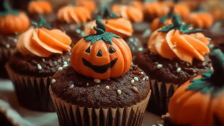 Creepy pumpkin patch cupcakes with festive decorations for Halloween