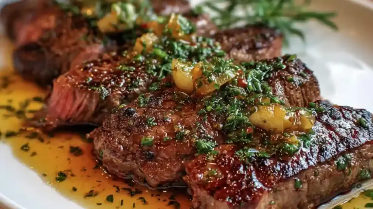 Delicious Garlic Butter Brazilian Steak sizzling on the grill.