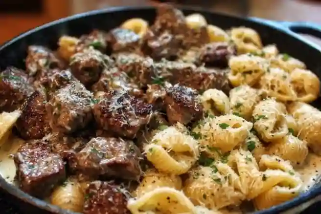 Garlic Butter Steak Bites & Creamy Parmesan Shells