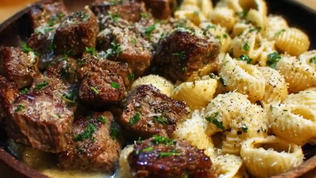 Garlic Butter Steak Bites & Creamy Parmesan Shells