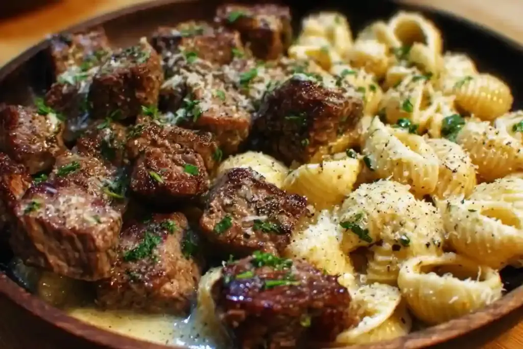 Garlic Butter Steak Bites & Creamy Parmesan Shells