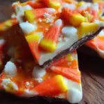 Colorful Halloween Candy Corn Bark decorated with candy corn and chocolate