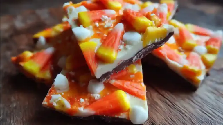Colorful Halloween Candy Corn Bark decorated with candy corn and chocolate
