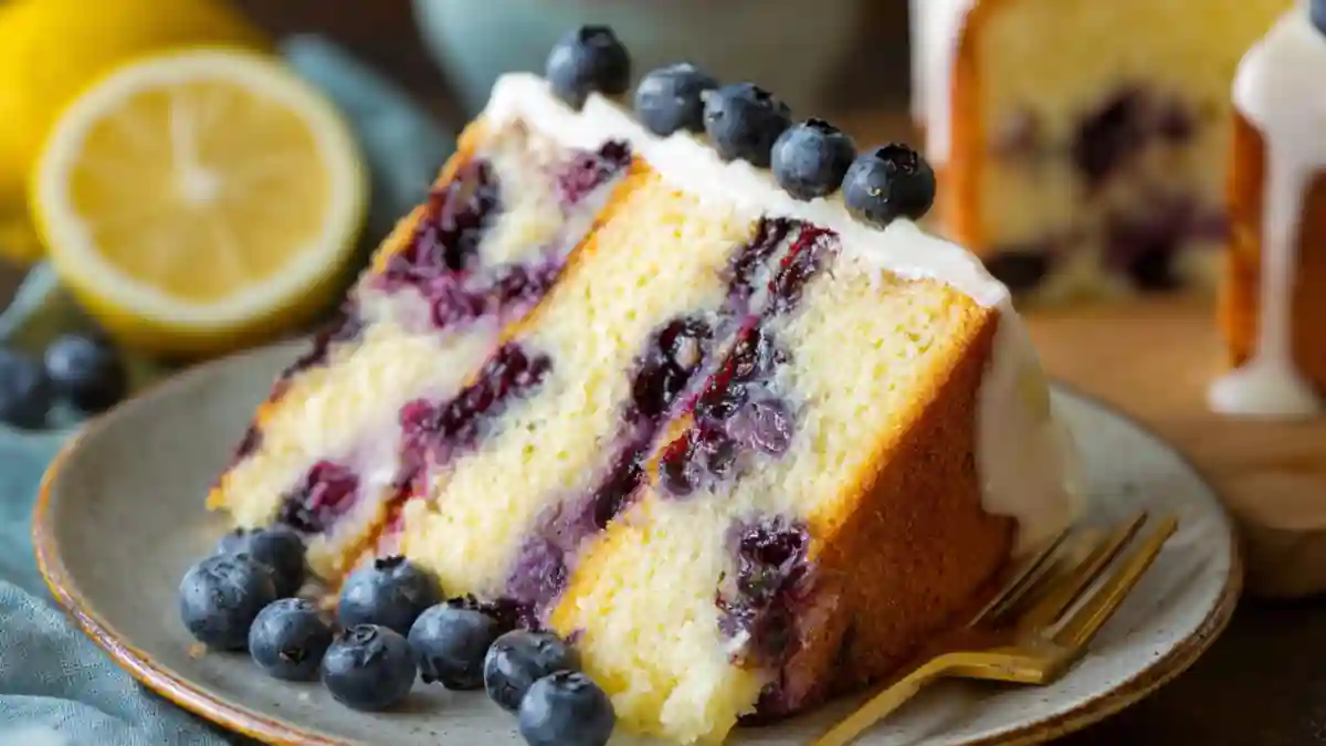 Delicious Lemon Blueberry Cake topped with fresh blueberries and lemon zest