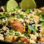 One Pan Cilantro Lime Chicken served with rice and black beans
