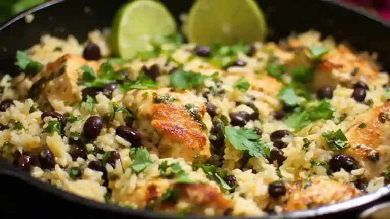 One Pan Cilantro Lime Chicken served with rice and black beans