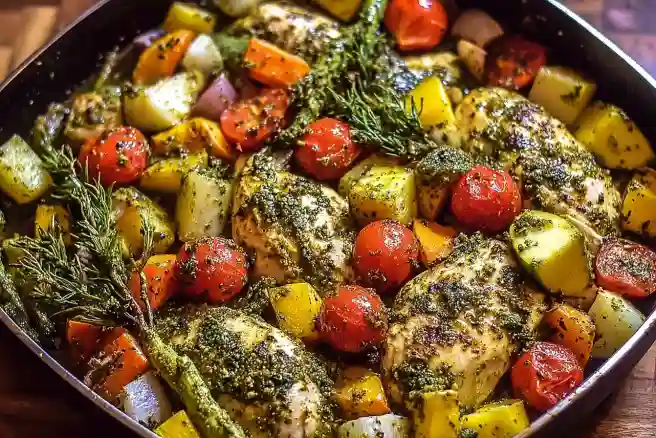 One Pan Pesto Chicken and Vegetables