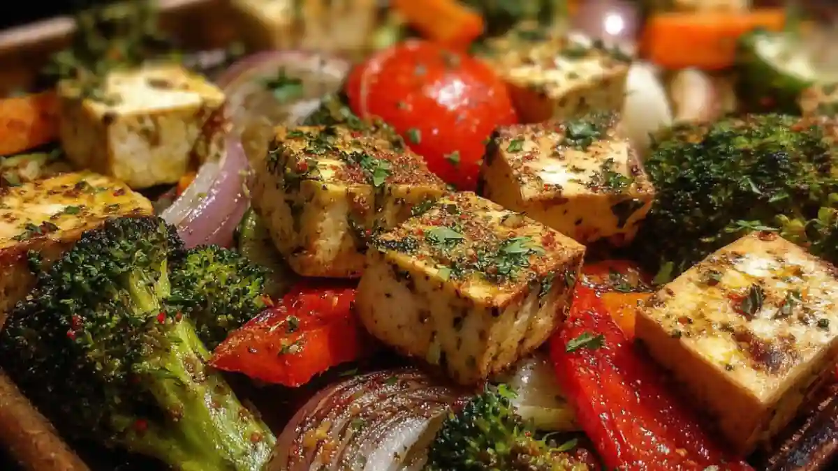 Sheet pan garlic herb tofu with assorted roasted vegetables