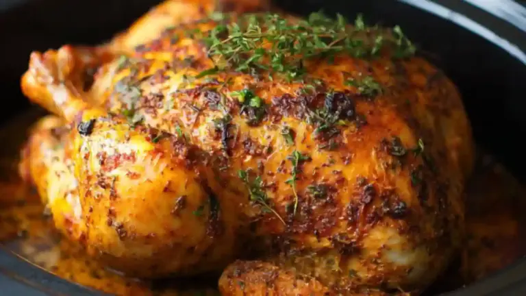 Slow Cooker Chicken Whole Rotisserie Style served with vegetables on a plate