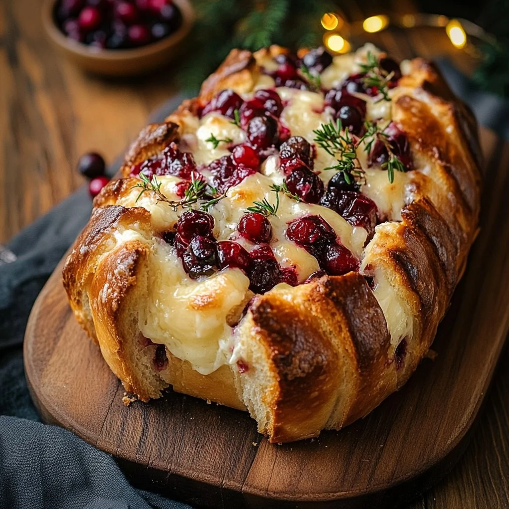 Freshly baked Cranberry Brie Sourdough Pull-Apart Bread served on a wooden board