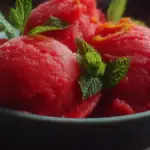 Delicious 2-ingredient strawberry sorbet in a colorful bowl