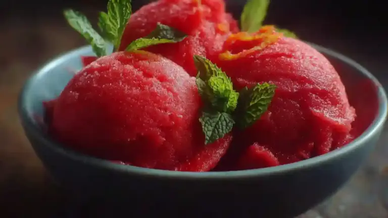 Delicious 2-ingredient strawberry sorbet in a colorful bowl
