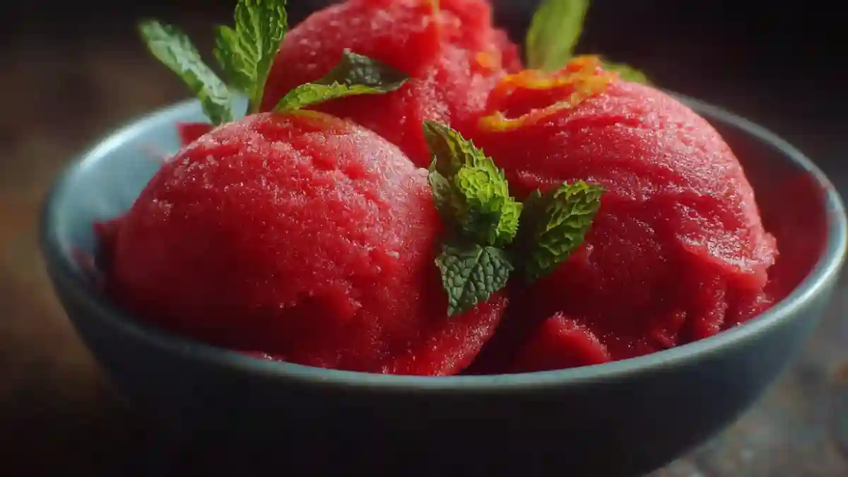 Delicious 2-ingredient strawberry sorbet in a colorful bowl