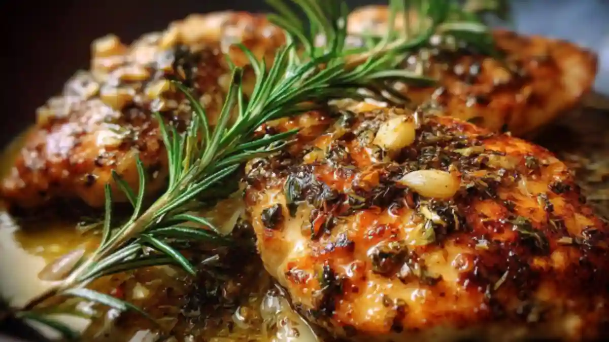 Delicious garlic rosemary chicken cooked in 30 minutes, served with herbs.