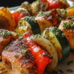 Baked chicken and veggie skewers on a grill platter
