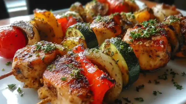 Baked chicken and veggie skewers on a grill platter