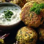 Baked falafel served with a creamy yogurt dip on a plate