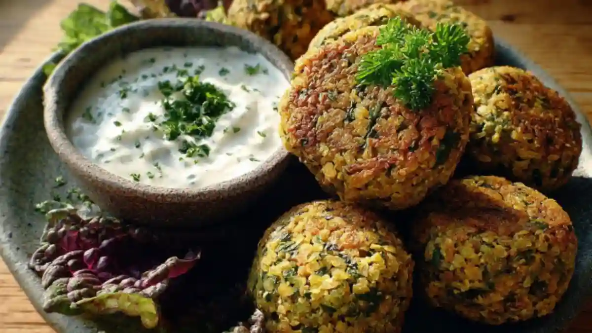 Baked falafel served with a creamy yogurt dip on a plate
