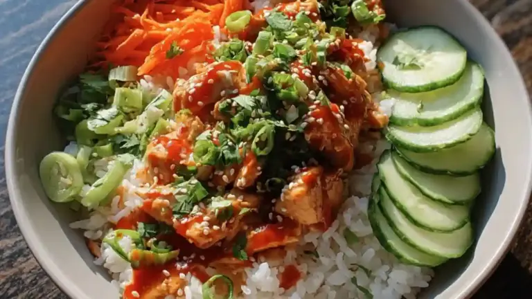 Bang Bang Chicken Bowl served with vibrant vegetables and spicy sauce
