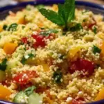 Delicious batch cooked couscous salad featuring colorful vegetables and herbs