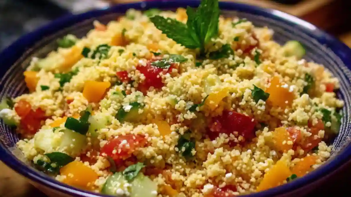 Delicious batch cooked couscous salad featuring colorful vegetables and herbs