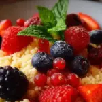 Breakfast couscous with mixed berries and nuts in a bowl