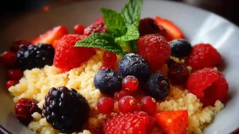 Breakfast couscous with mixed berries and nuts in a bowl