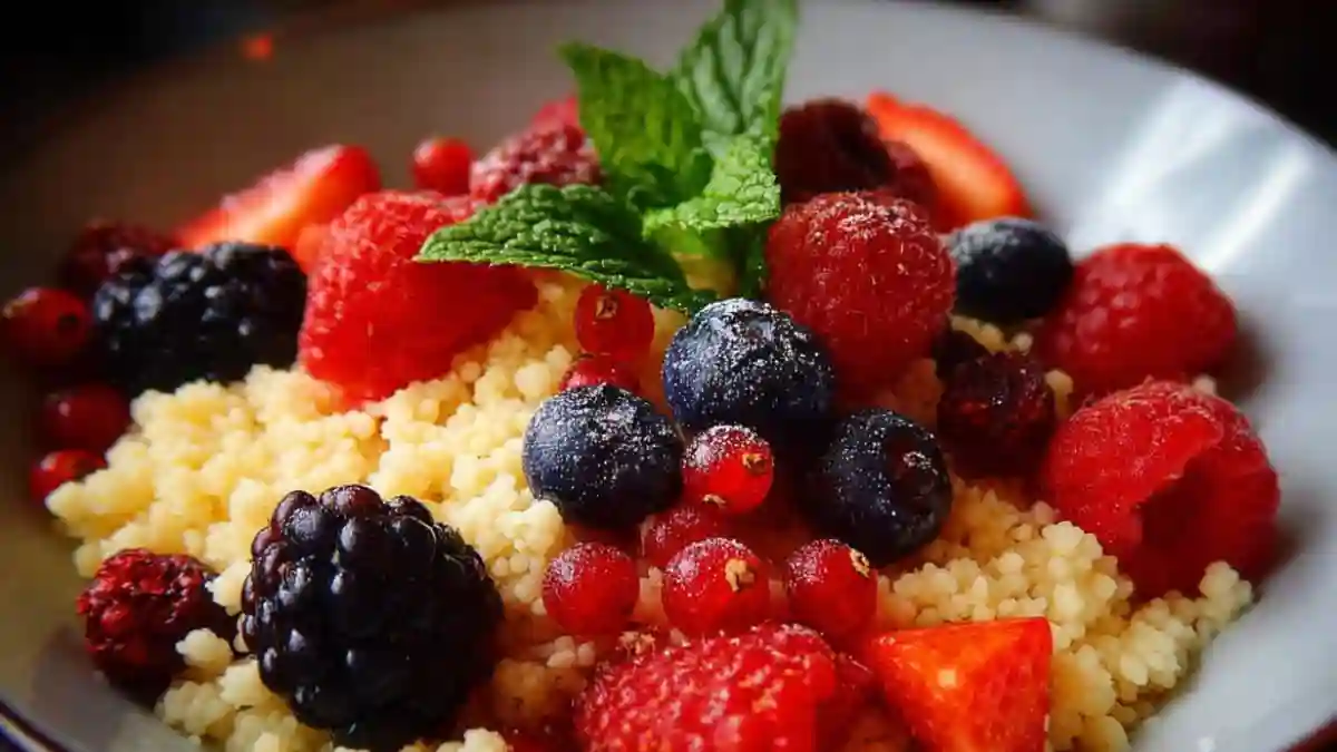 Breakfast couscous with mixed berries and nuts in a bowl