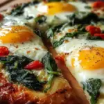 Breakfast pizza topped with eggs and fresh spinach on a crispy crust.