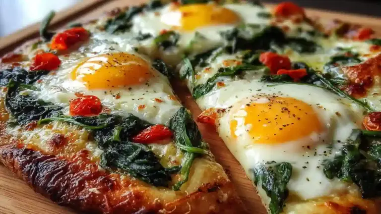 Breakfast pizza topped with eggs and fresh spinach on a crispy crust.
