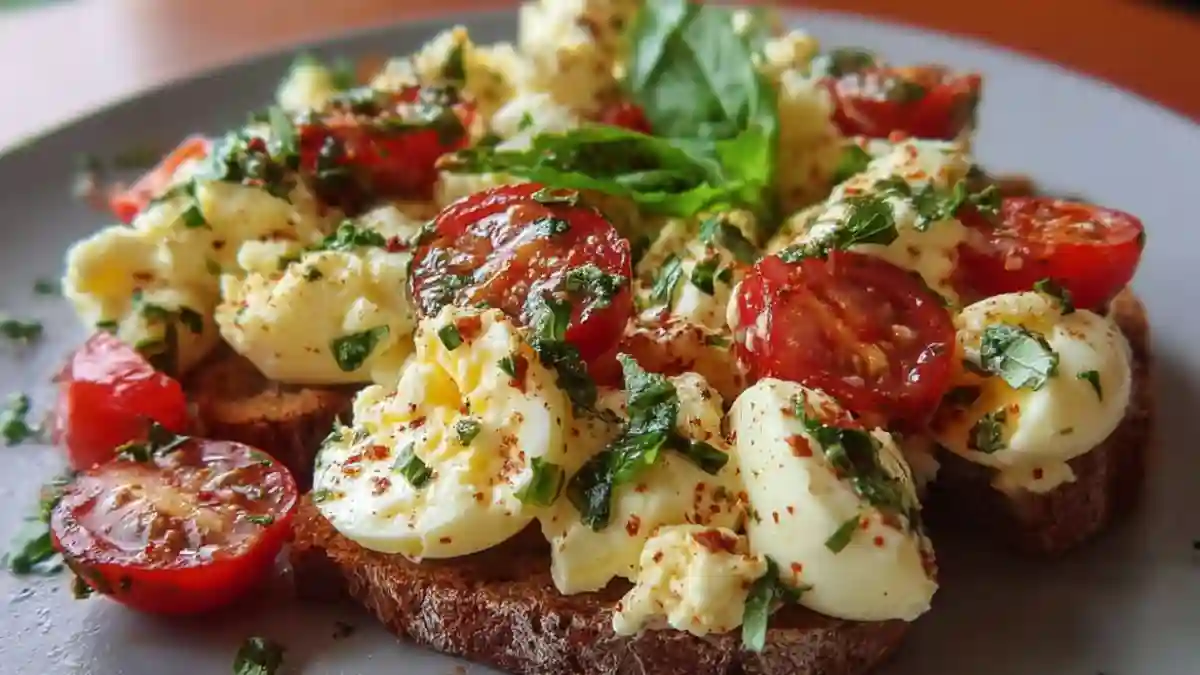 Delicious Caprese Egg Salad with tomatoes, basil, and eggs in a bowl