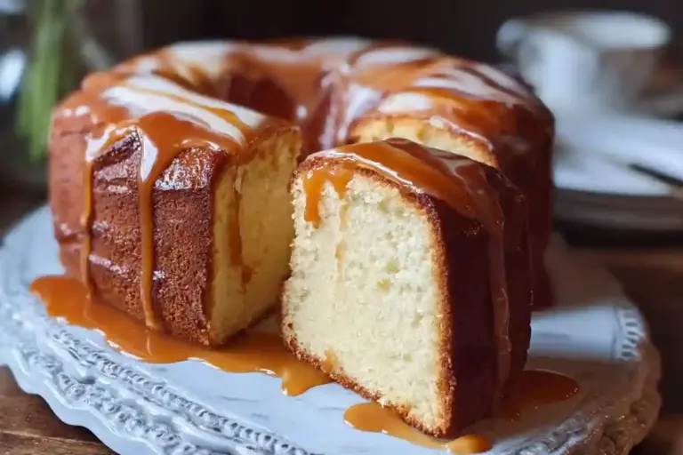 Slice of decadent Caramel Cream Cheese Pound Cake topped with caramel drizzle.