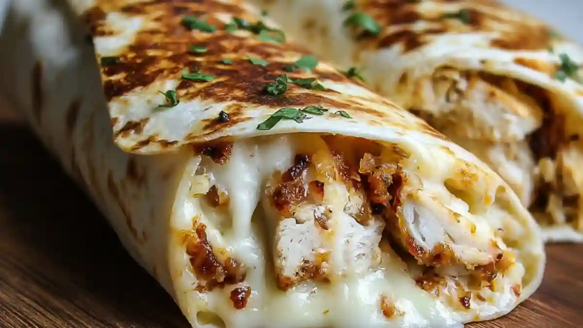 Delicious cheesy garlic chicken wraps served with fresh ingredients