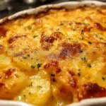 Cheesy ranch potato bake topped with melted cheese and herbs