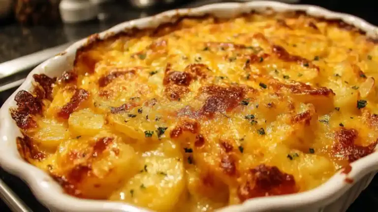 Cheesy ranch potato bake topped with melted cheese and herbs