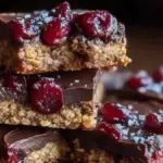 Plate of cherry oat bars drizzled with chocolate ganache