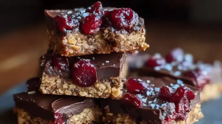 Plate of cherry oat bars drizzled with chocolate ganache
