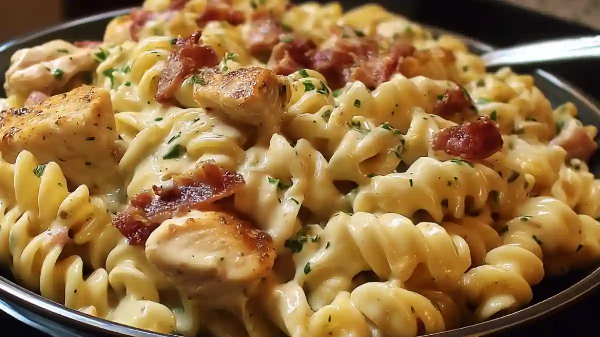Bowl of creamy Chicken Bacon Ranch Pasta topped with crispy bacon and herbs