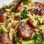 Chicken sausage and broccoli orzo dish served in a bowl