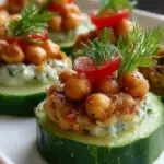 Chickpea cucumber bites garnished and ready to serve on a platter